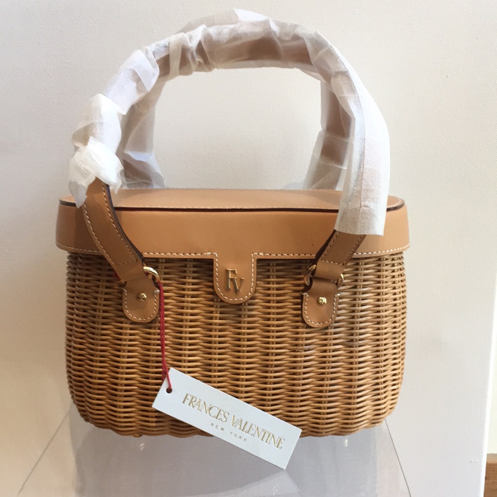 Frances Valentine Arielle basket handbag. Natural with tan leather trim. NWT.
